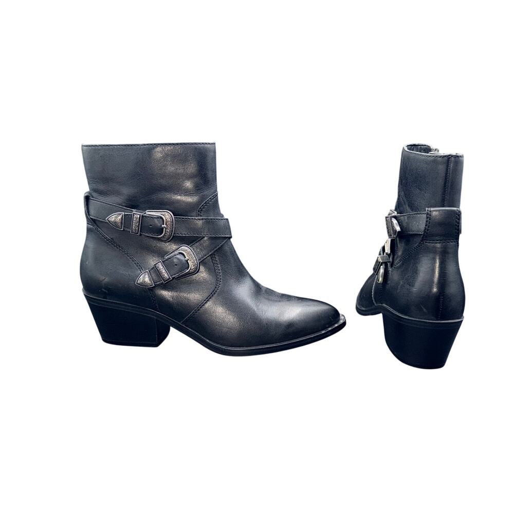 Patricia Nash Size 8 Black Leather Buckle Moto Ankle Boots Studded Western